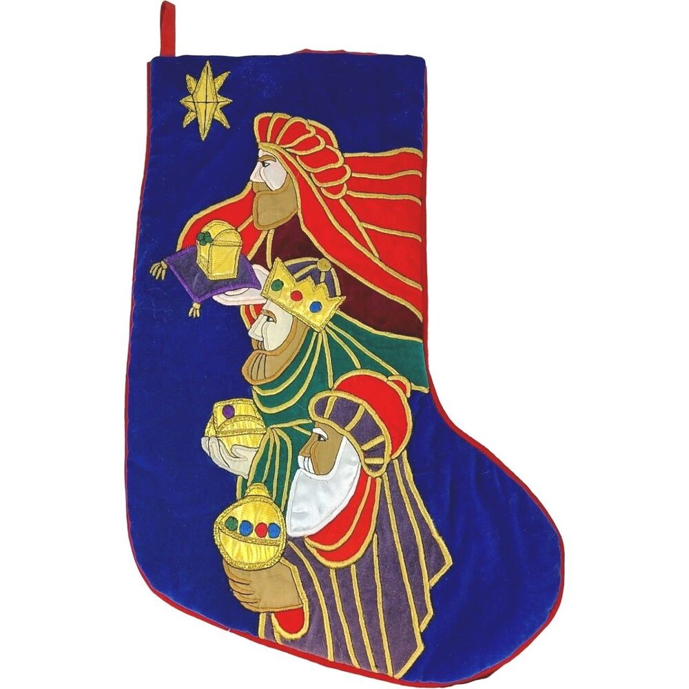 Vtg 19" Embroidered Christmas Nativity Stocking The Three Wise Men 3 Kings